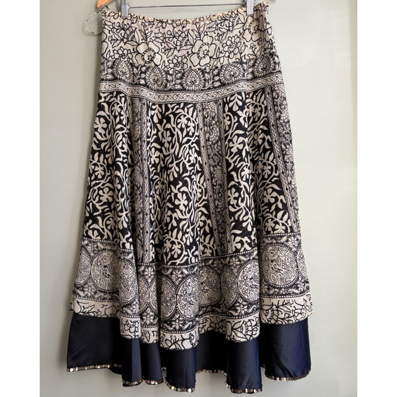 Soft Surroundings Boho Maxi Skirt Black Beige Gold Sequins Bird Medallion PM - Picture 1 of 12